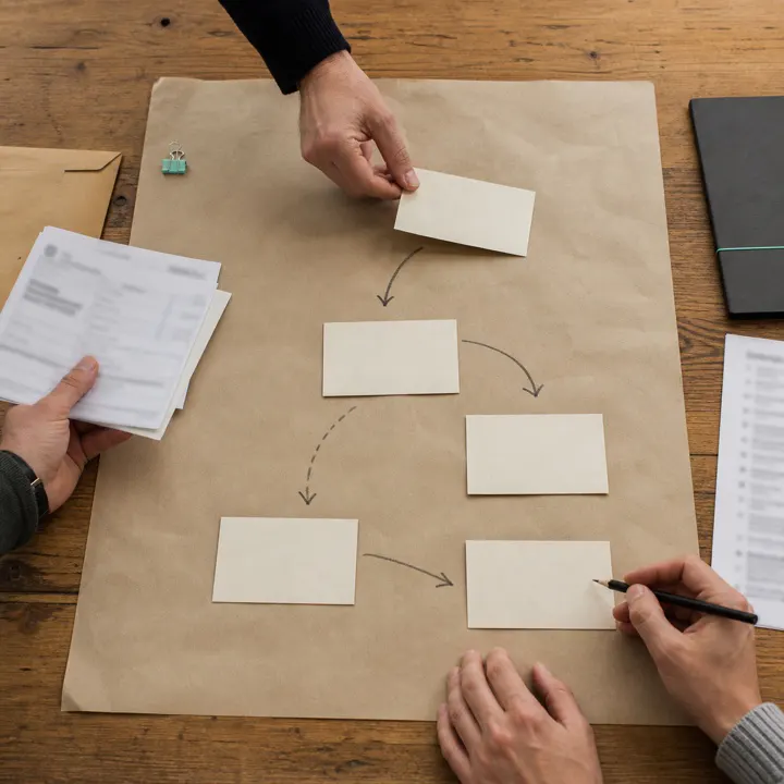 Des mains posent des cartes en papier sur une table en bois et tracent des flèches entre elles