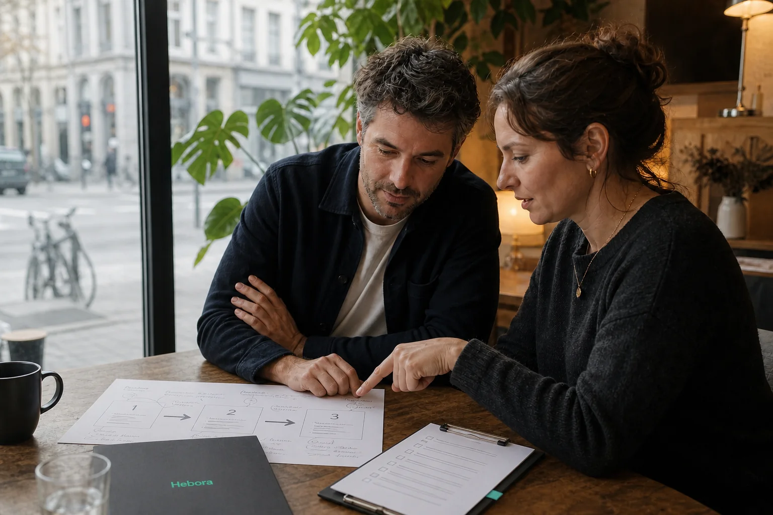 Deux personnes cadrent un parcours de projet sur un schéma papier et une checklist Hebora