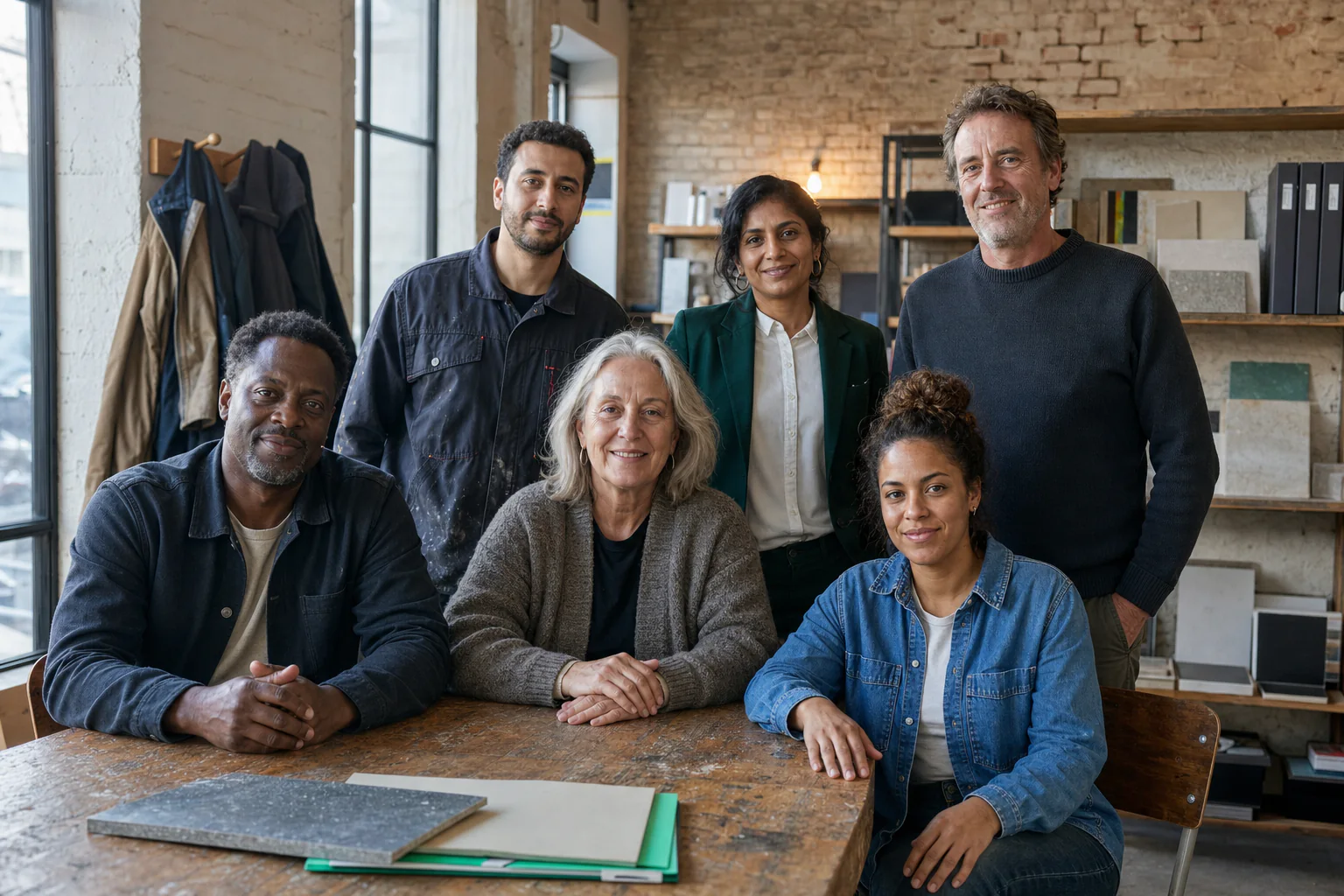 Six entrepreneures et entrepreneurs belges de métiers, d’âges et d’origines différents réunis dans un atelier à Bruxelles