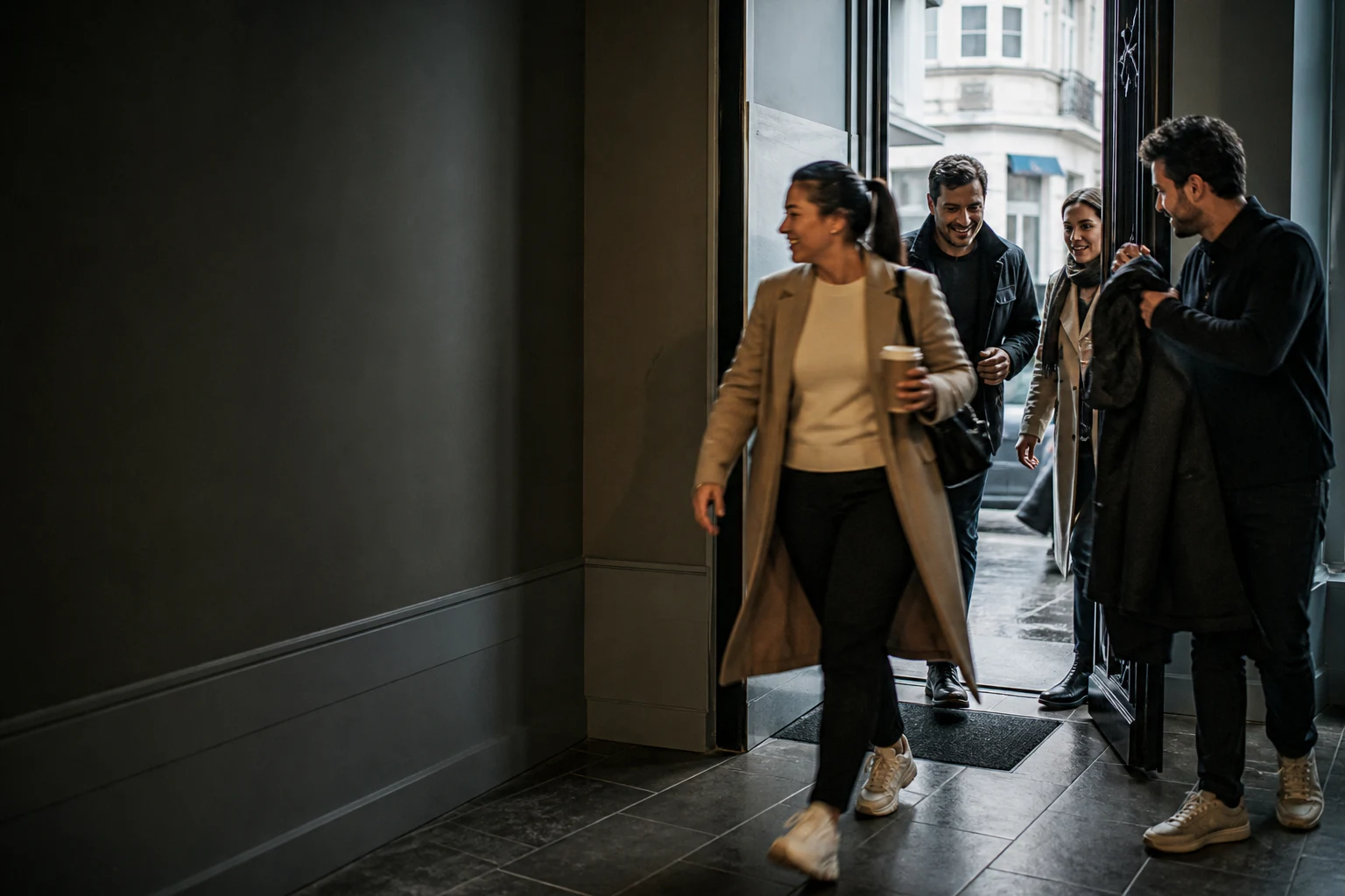 Quatre collègues entrant dans un bureau bruxellois un matin de pluie