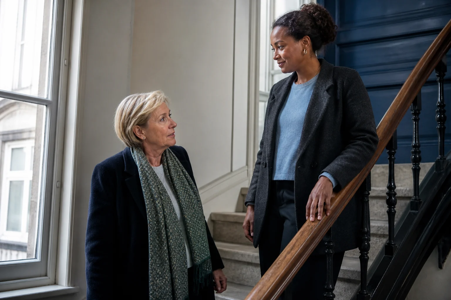 Une entrepreneure belge pose une question à une conseillère digitale dans l’escalier d’un bureau bruxellois