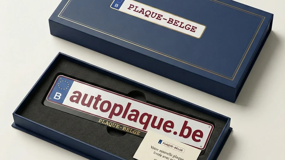 AutoPlaque : photo officielle d’une plaque d’immatriculation belge présentée dans son coffret bleu autoplaque.be.