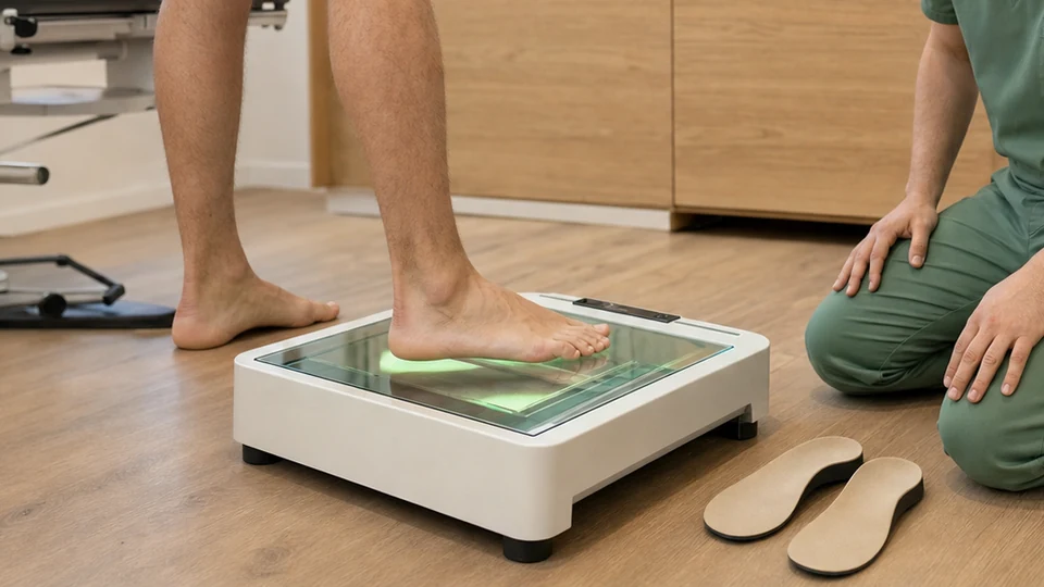 Azarkan Santé : pieds nus d’un patient analysés sur une plateforme podologique, avec des semelles à proximité dans le cabinet de Molenbeek.