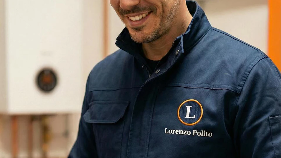 Lorenzo Chauffage : portrait officiel de Lorenzo Polito en tenue de travail, avec le logo brodé de son entreprise.