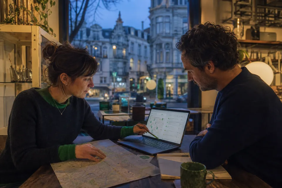 Commerçante et consultant travaillant sur un outil métier autour d’une carte et d’un ordinateur dans un commerce belge