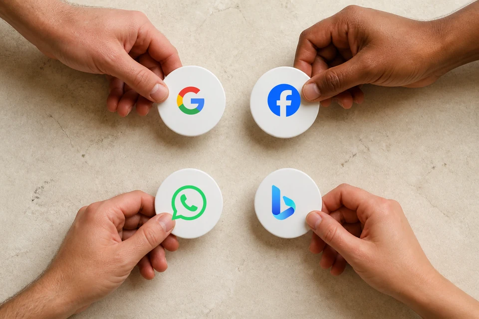 Quatre mains rapprochant les logos de Google, Facebook, WhatsApp et Bing vers une entreprise